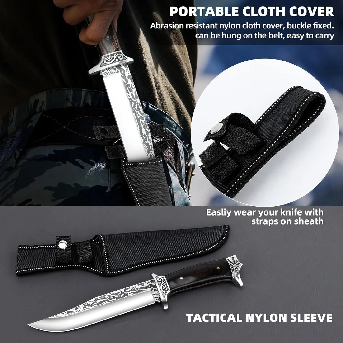 EDC Camping Knife, Stainless Steel Survival Knife with Scabbard Knivve