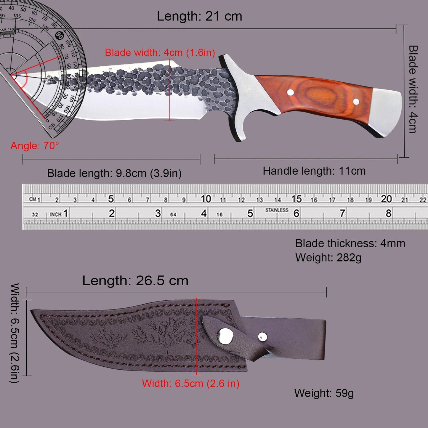 Japanese Full Tang Hunting Knife with Leather Sheath, Outdoor EDC Survival Tool Knivve