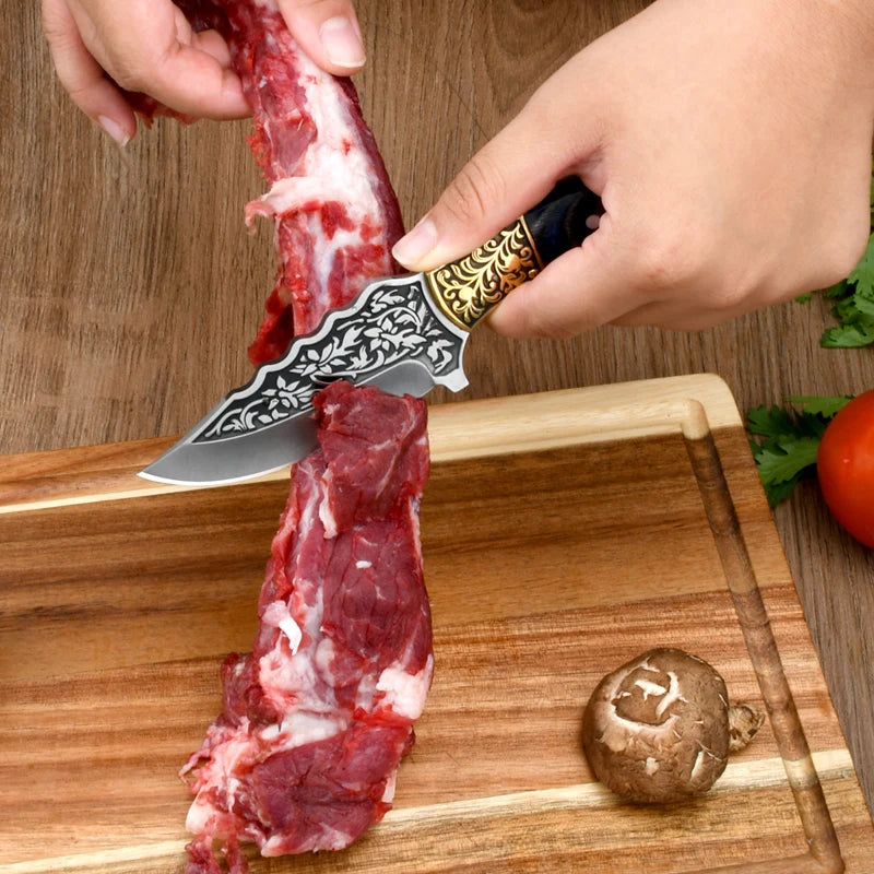 Kitchen Boning Knife – Stainless Steel Blade, Copper Carving, Solid Wood Handle for Meat and Fruit Knivve