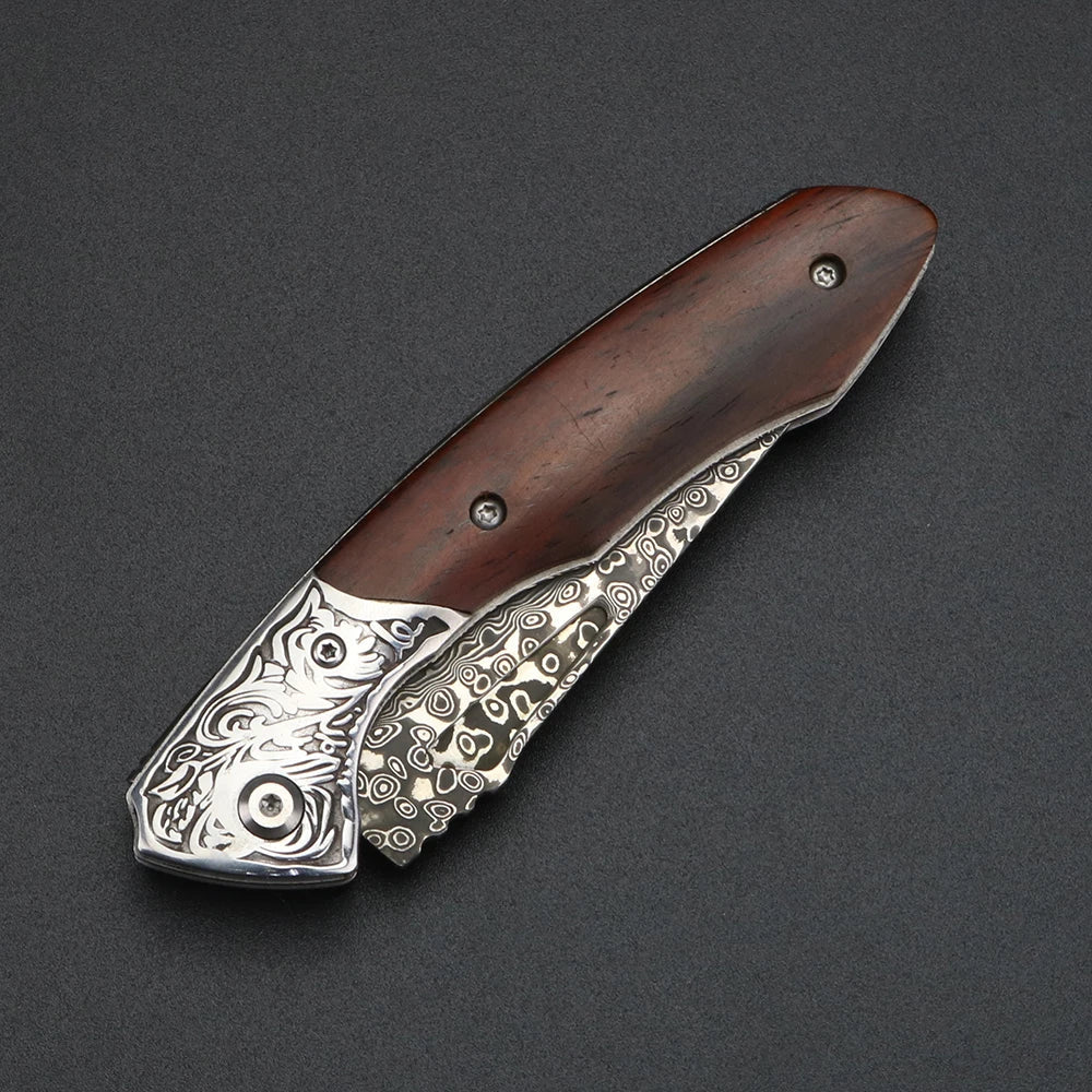 Damascus Steel Folding Knife, Sandalwood Handle, Camping EDC Knife Knivve