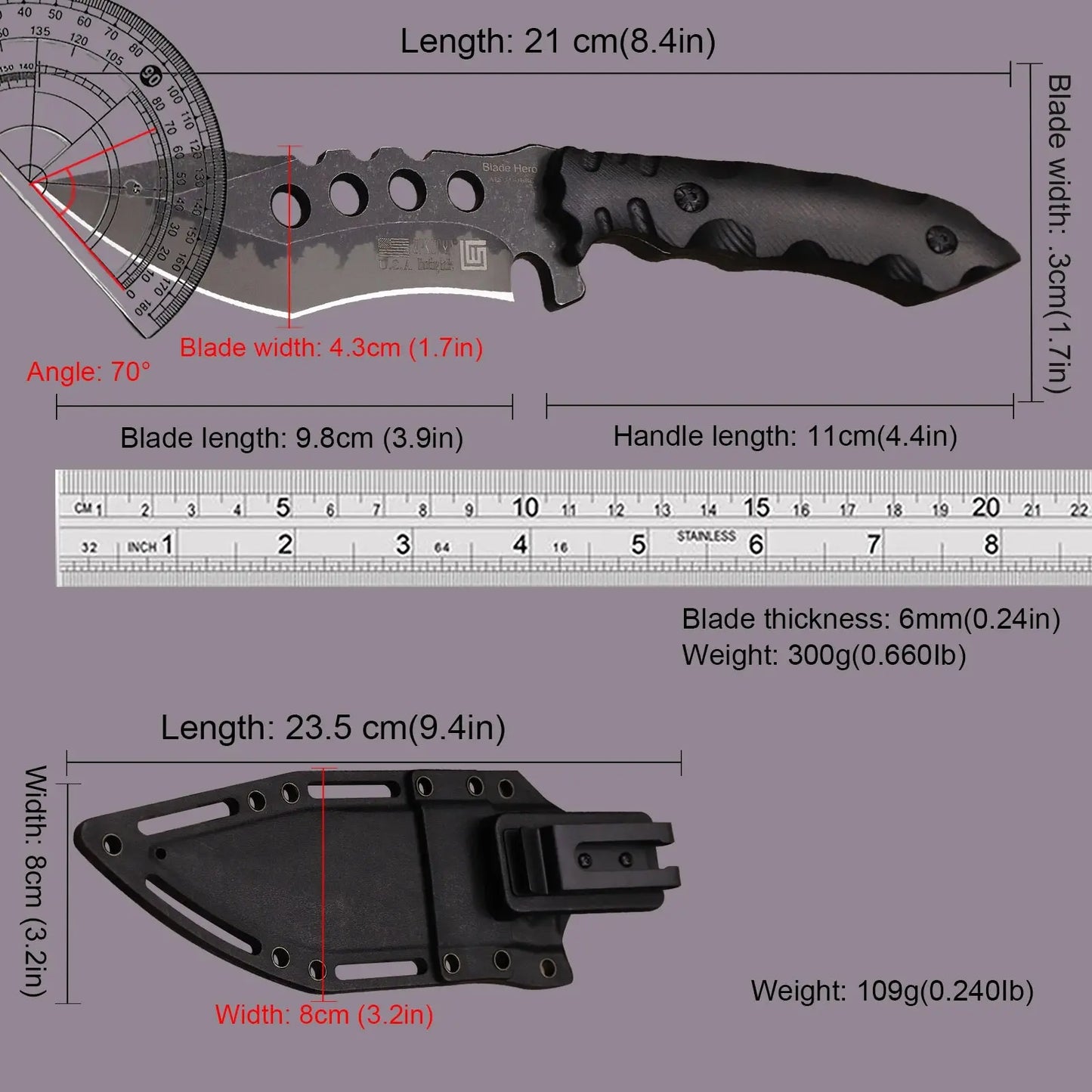 WPKOPYA USA ATS-34 Full Tang Hunting Knife +K Sheath – Outdoor, Jungle Rescue, Camping, EDC Knivve