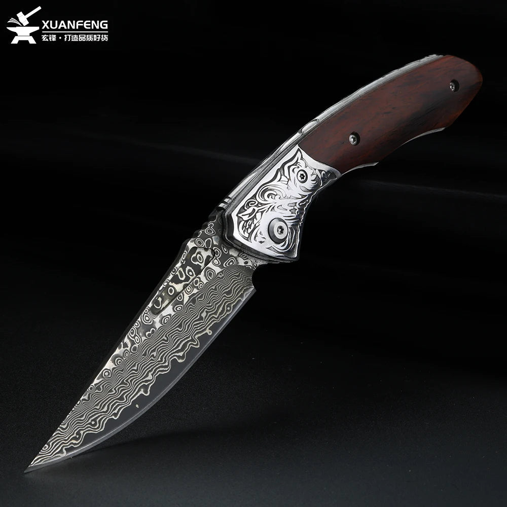 Damascus Steel Folding Knife, Sandalwood Handle, Camping EDC Knife Knivve