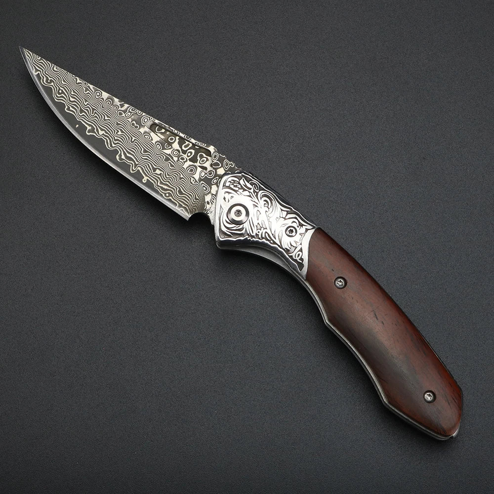 Damascus Steel Folding Knife, Sandalwood Handle, Camping EDC Knife Knivve