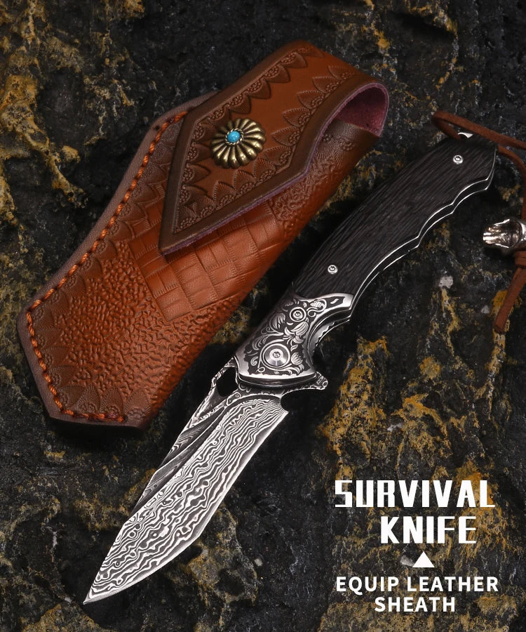 Hand-Carved Cow Leather Sheath, Multi-Functional Outdoor Camping Survival Knife Knivve