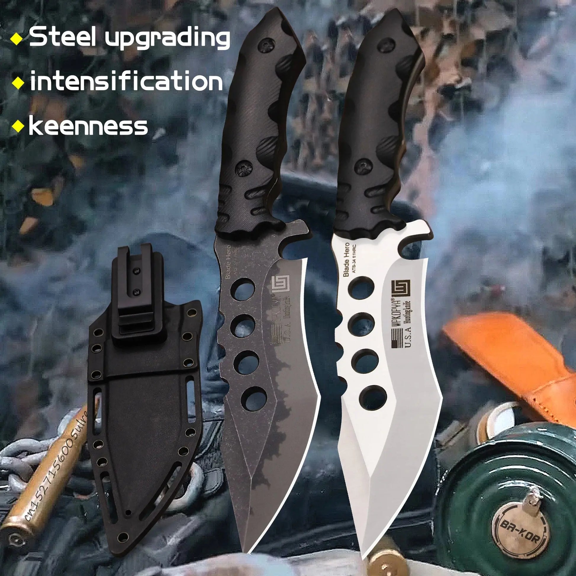 WPKOPYA USA ATS-34 Full Tang Hunting Knife +K Sheath – Outdoor, Jungle Rescue, Camping, EDC Knivve