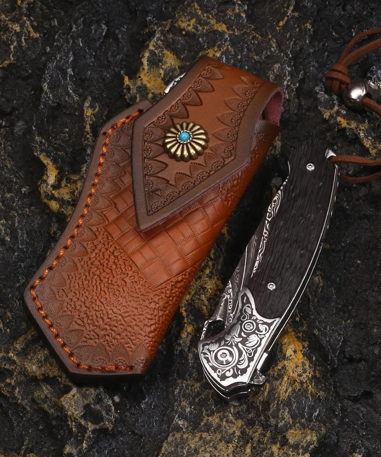 Hand-Carved Cow Leather Sheath, Multi-Functional Outdoor Camping Survival Knife Knivve