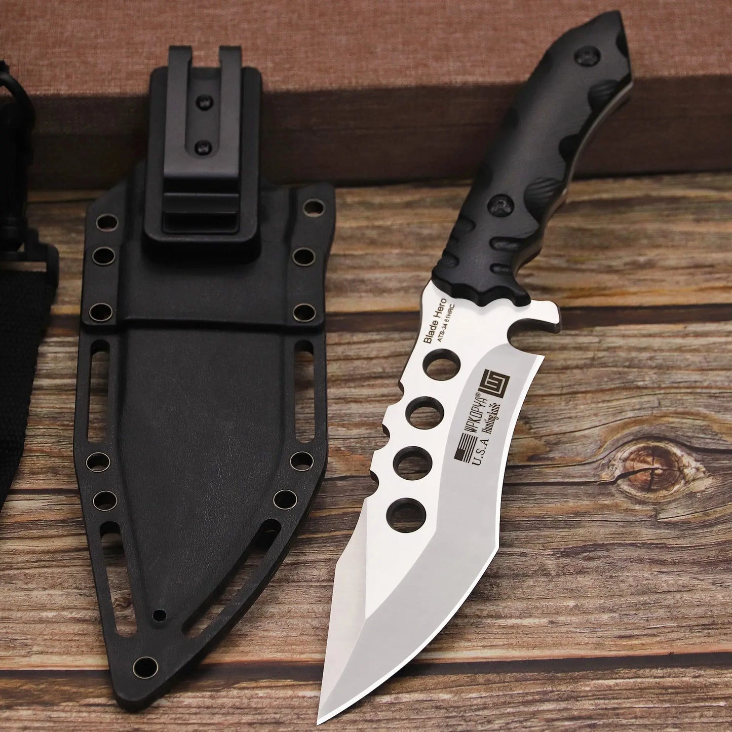 WPKOPYA USA ATS-34 Full Tang Hunting Knife +K Sheath – Outdoor, Jungle Rescue, Camping, EDC Knivve